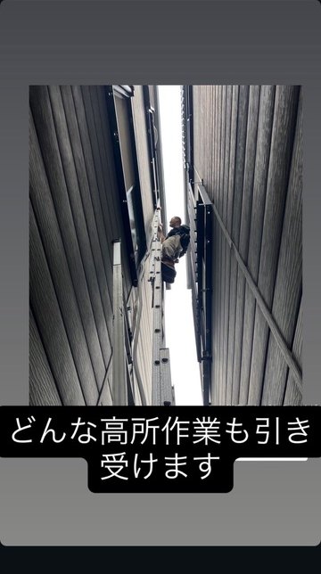 建物と建物の狭い隙間で、はしごに登って作業する様子